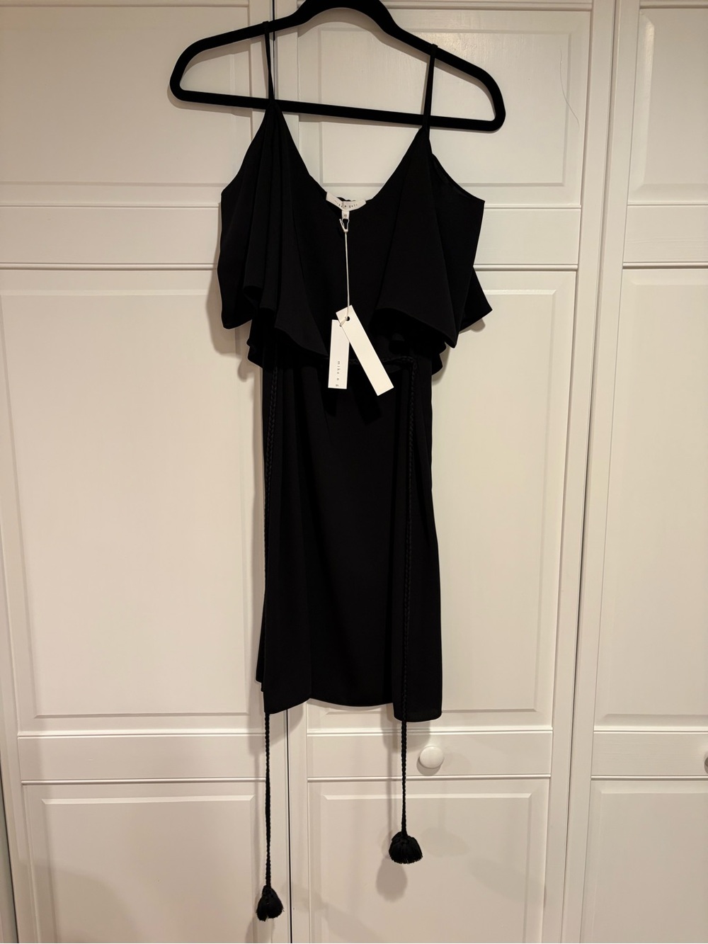 Black Cold-Shoulder Ruffle Mini Dress with Tassel Tie